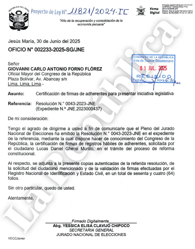 Certificación de firmas para iniciativa legislativa. Foto: La República   