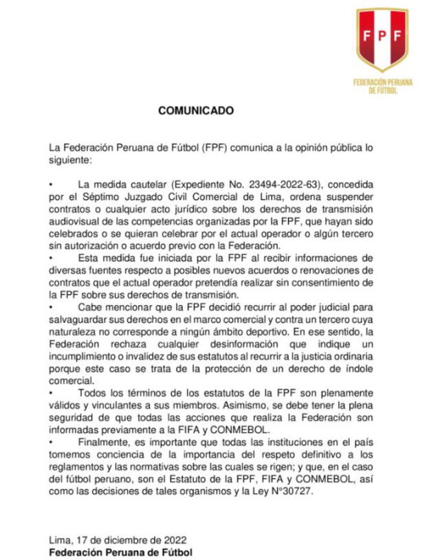 La Federación Peruana de Fútbol se pronunció tras la medida cautelar obtenida. Foto: FPF