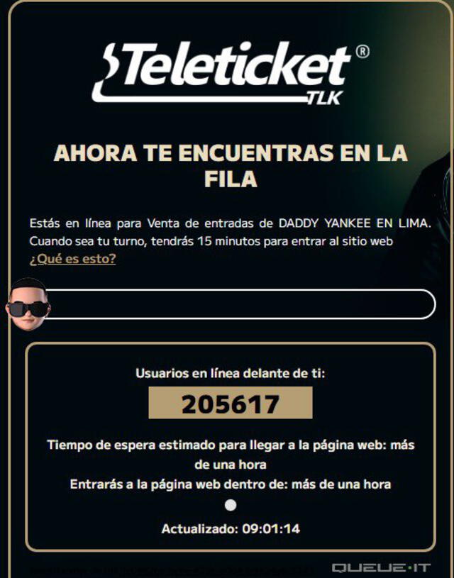 Cola virtual de Teleticket para entradas de Daddy Yankee