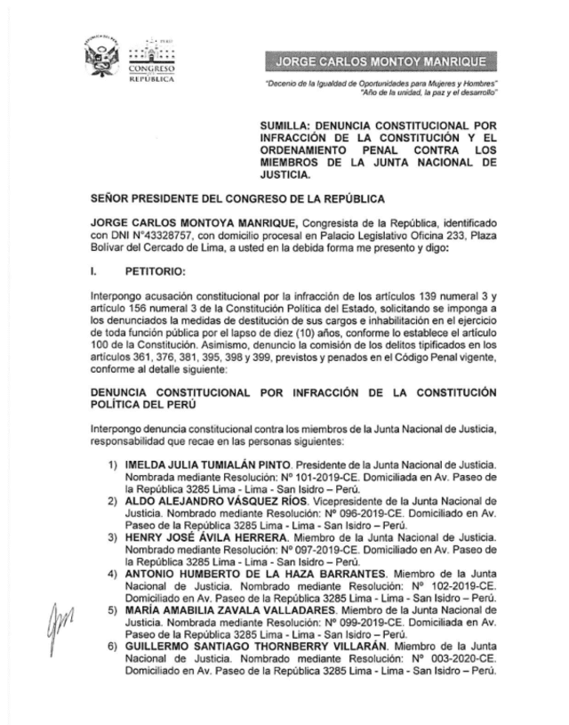 Denuncia consitucional interpuesta por <strong>Jorge Montoya </strong>contra miembros del JNJ. Foto: captura del documento   
