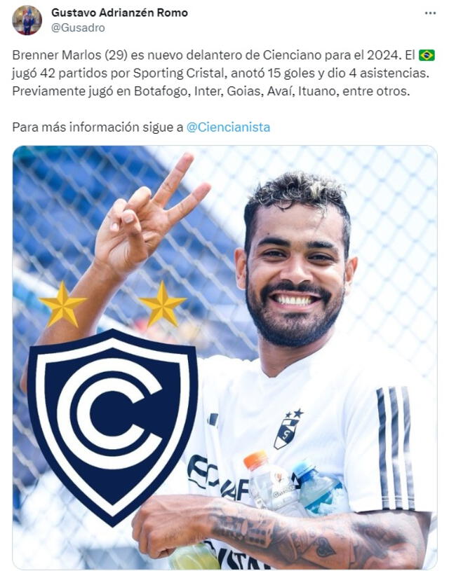 Brenner Marlos llegó al Perú este 2023 para jugar por Sporting Cristal. Foto: captura de Gustavo Adrianzén Romo/X Brenner Marlos llegó al Perú este 2023 para jugar por Sporting Cristal. Foto: captura de Gustavo Adrianzén Romo/X