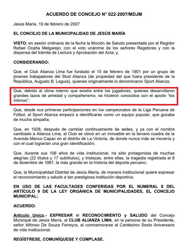  Acuerdo de Concejo de la Municipalidad de Jess Mara en el que se incluye la explicacin del sobrenombre de ntimos para los jugadores de Alianza Lima. Foto: captura de cdn.www.gob.pe 