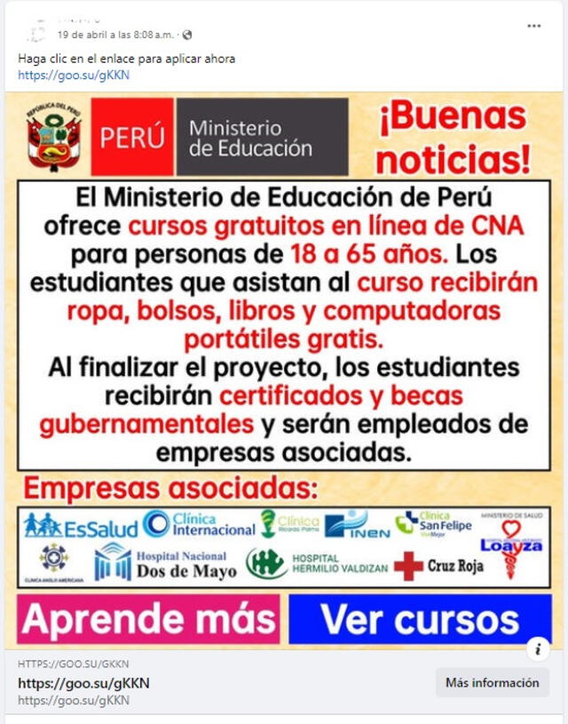  Desinformación sobre el Ministerio de Educación. Foto: captura de Facebook   