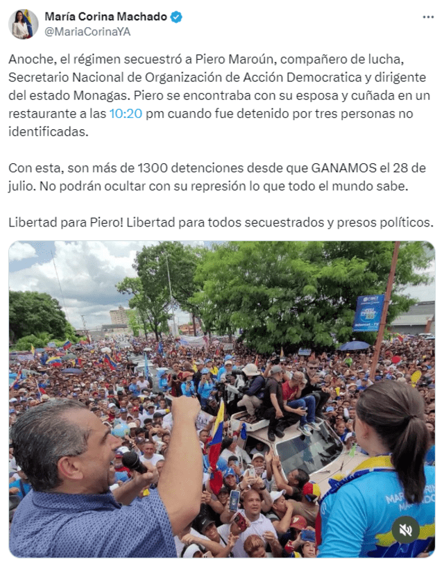 María Corina Machado lideró este 17 de agosto la Gran protesta mundial por la verdad. Foto: X   