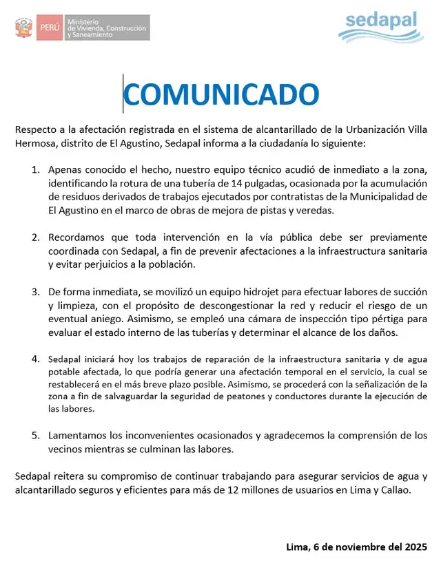  Comunicado de Sedapal.   