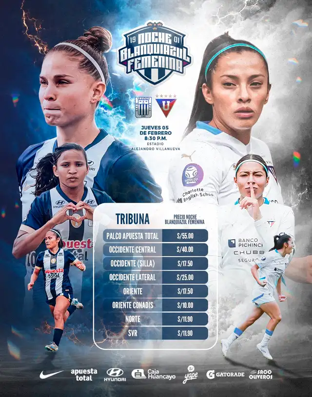 Precios de las entradas para la Noche Blanquiazul Femenina 2026. Foto: Alianza Lima Femenino Precios de las entradas para la Noche Blanquiazul Femenina 2026. Foto: Alianza Lima Femenino