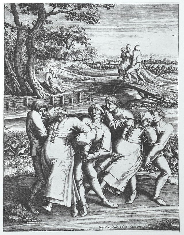 Representación de la 'epidemia del baile'  (o la plaga de danza). Foto: grabado de Hendrik Hondius