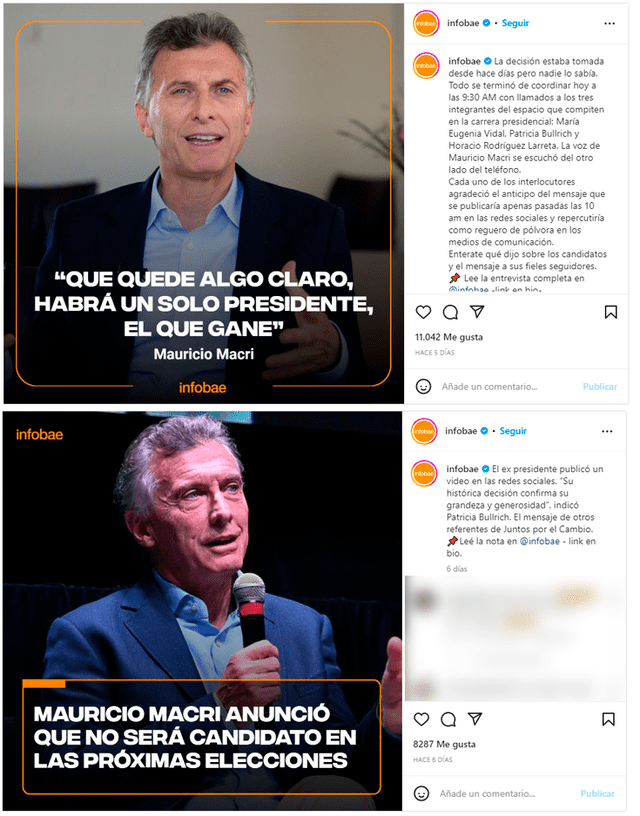  Posts de Infobae en su cuenta de Instagram sobre Mauricio Macri. Ambos fueron publicados el 26 de marzo. Foto: capturas en Instagram / Infobae.    