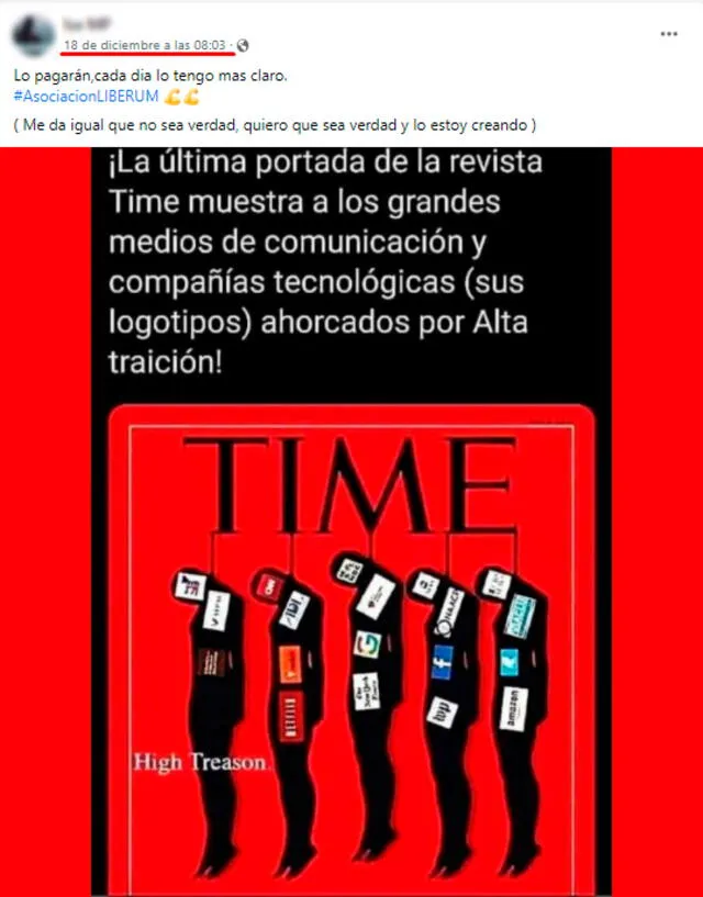 Publicación en Facebook que asegura que la imagen de personas ahorcadas es una portada de la revista time. FOTO: Captura de Facebook.
