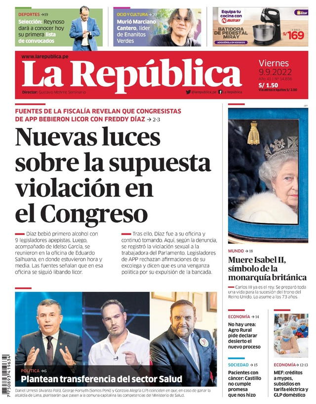 Portada del viernes 9 de setiembre del 2022. Foto: captura LR