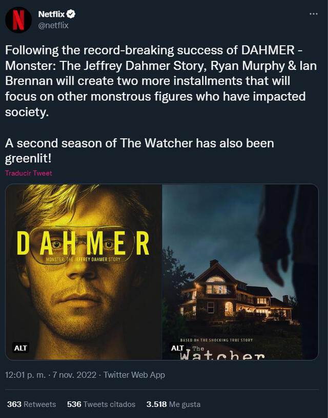La serie sobre Jeffrey Dahmer, "Monstruo", volverá al streaming. Foto: @Netflix/Twitter