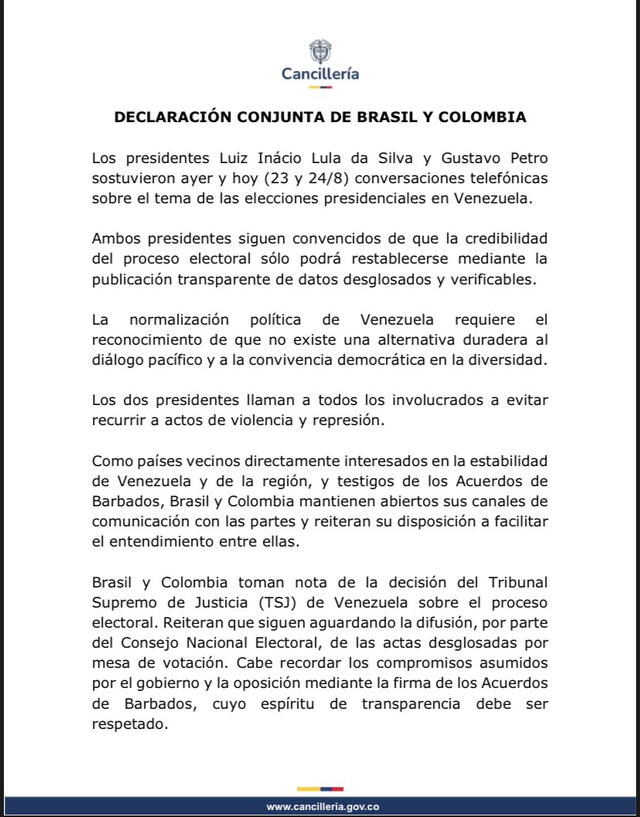 Declaración conjunta de Brasil y Colombia sobre elecciones presidenciales en Venezuela. Foto: Cancillería de Colombia/X