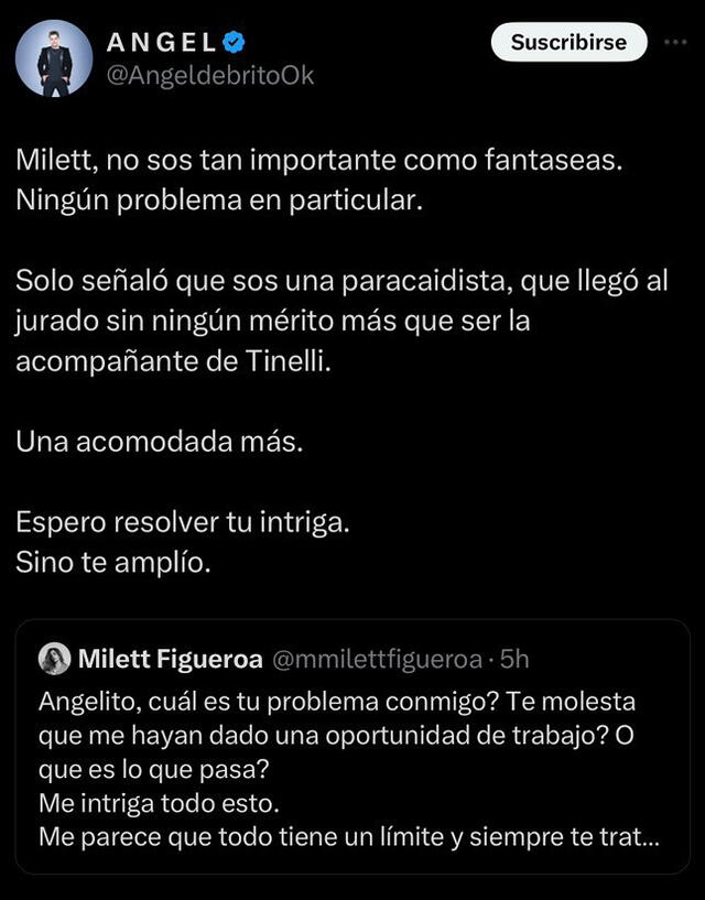  Ángel de Brito le contesta a Milett Figueroa. Foto: X    