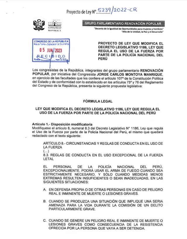 Proyecto de ley 5239/2022-CR, presentado por Jorge Montoya, que busca la modificación del artículo 8 del DL N° 1186   