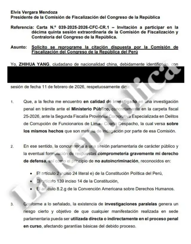  Zhihua Yang, empresario chino relacionado con Jerí, no asistirá a la Comisión de Fiscalización. Foto: La República   