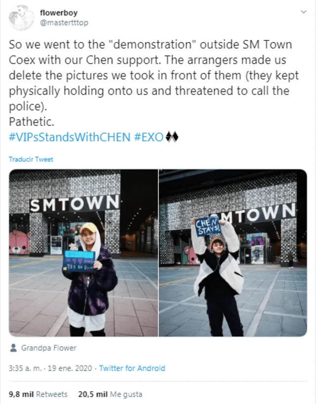 Fans que apoyan a Chen de EXO denunciaron que las protestantes los amenazaron.
