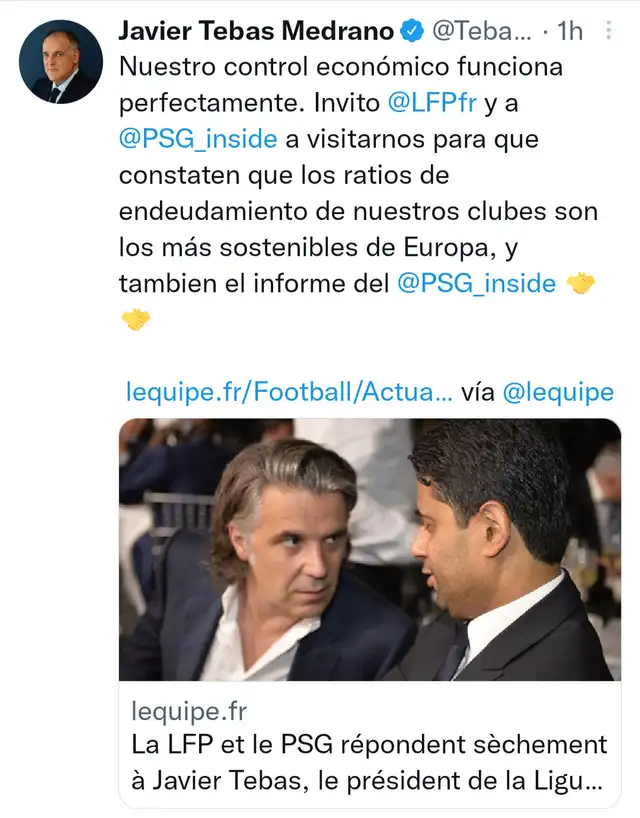 Tras la publicación del comunicado del PSG, Javier Tebas respondió a las declaraciones mediante sus redes sociales. Foto: Twitter. Tras la publicación del comunicado del PSG, Javier Tebas respondió a las declaraciones mediante sus redes sociales. Foto: Twitter.