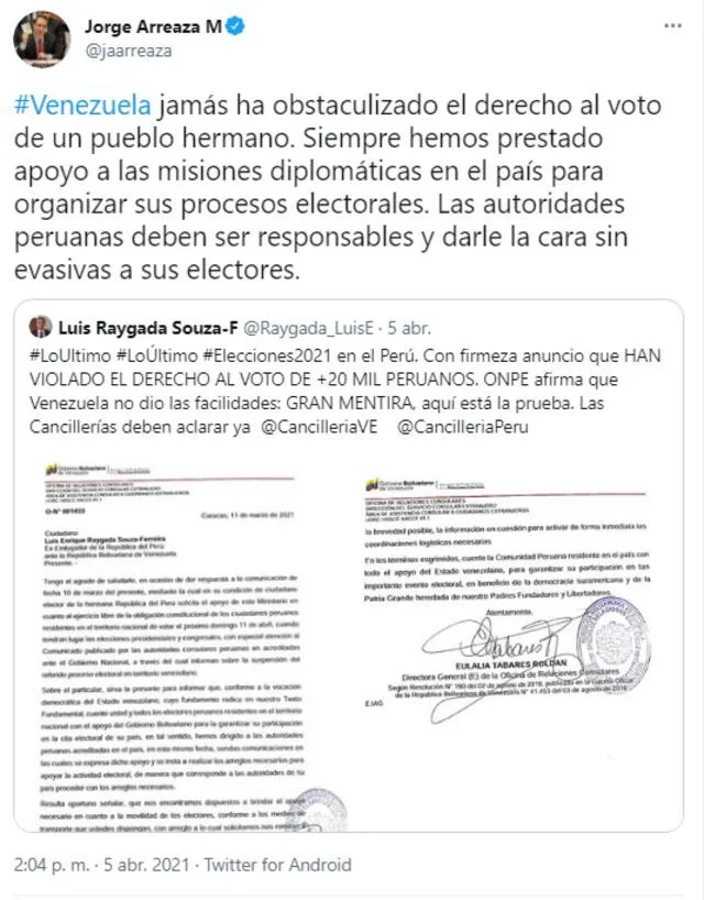 El pronunciamiento del ministro para Relaciones Exteriores de Venezuela sobre las elecciones generales del Perú, que no se realizará en la nación caribeña. Foto: captura de Twitter