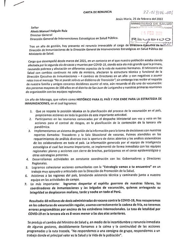 carta de renuncia Gabriela Jimenez minsa