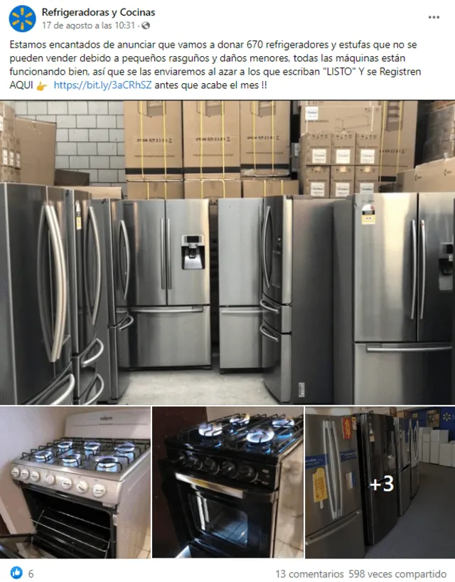 Publicación viral ofrece una supuesta donación de "670 refrigeradoras y estufas". Foto: captura de Facebook