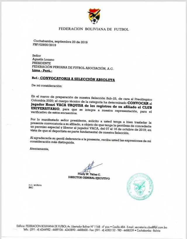 La Federación Boliviana de Fútbol solicitó la convocatoria de Henry Vaca para su selección sub-23.