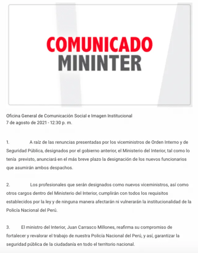 Comunicado Mininter