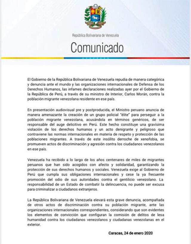 El texto oficial publicado por la Cancillería venezolana. Foto: difusión