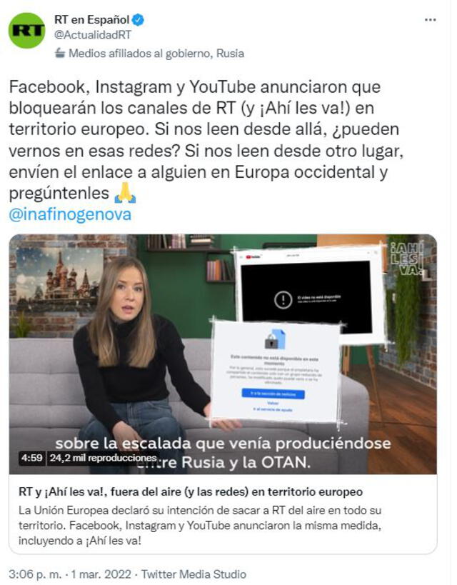 RT informa sobre el anuncio del bloqueo de su portal en territorio europeo. Foto: captura Twitter