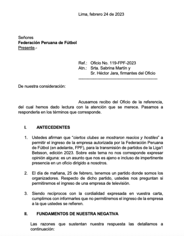 Respuesta de Alianza Lima a la FPF. Foto: Alianza Lima   