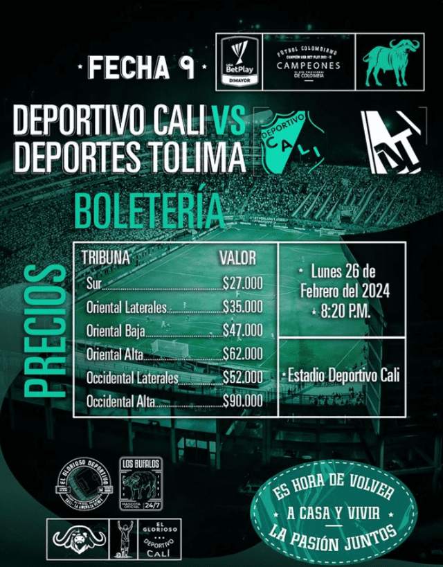 Precios de entradas Deportivo Cali vs. Deportes Tolima. Foto: X/Deportivo Cali. 