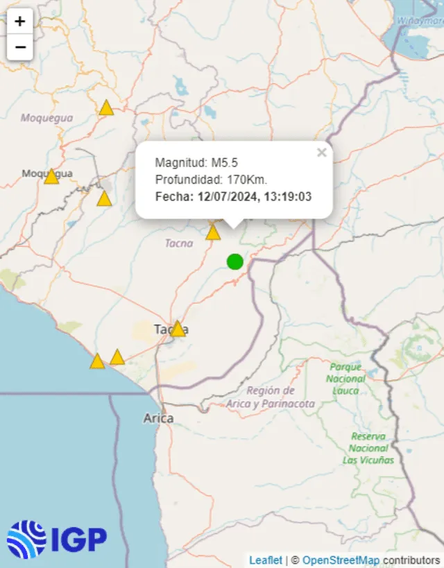 Esta fue la locación exacta del temblor en Tacna. Foto: IGP   