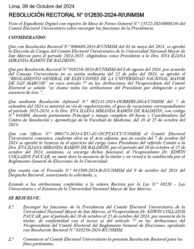 Presidenta del Comité Electoral Universitario pide licencia en medio de elecciones internas. Foto: X   