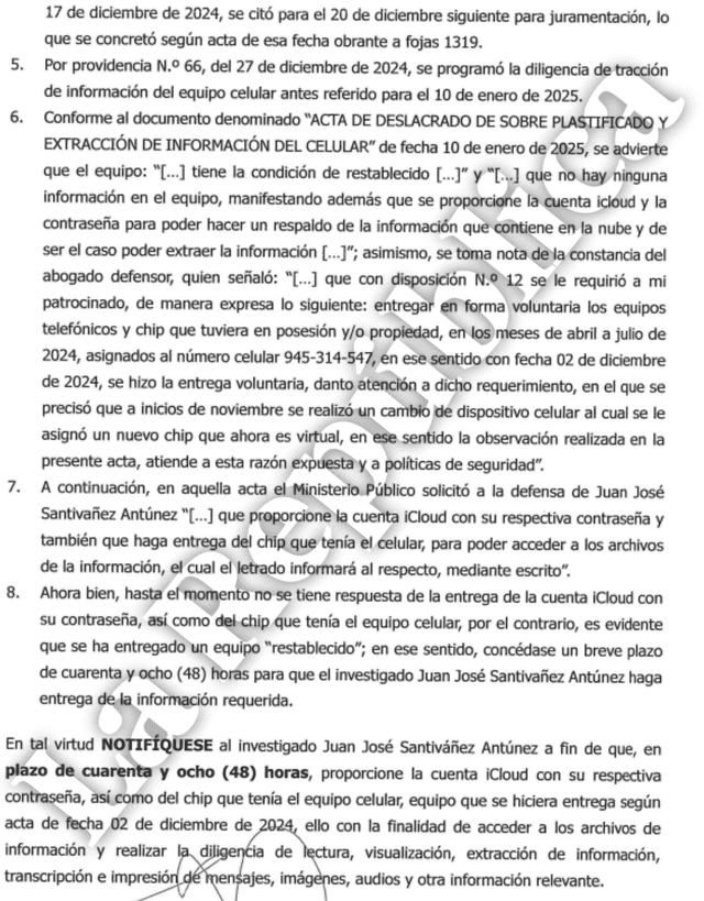  Solicitud de la Fiscalía donde da 48 horas a ministro Santiváñez para entregar su cuenta de iCloud. | Foto: La República.   