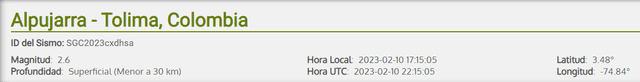 Último sismo registrado en Colombia hoy, 10 de febrero. Foto: SGC   