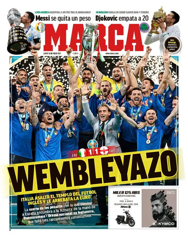 Portada del Diario Marca sobre la final de la Eurocopa 2021. Foto: difusión