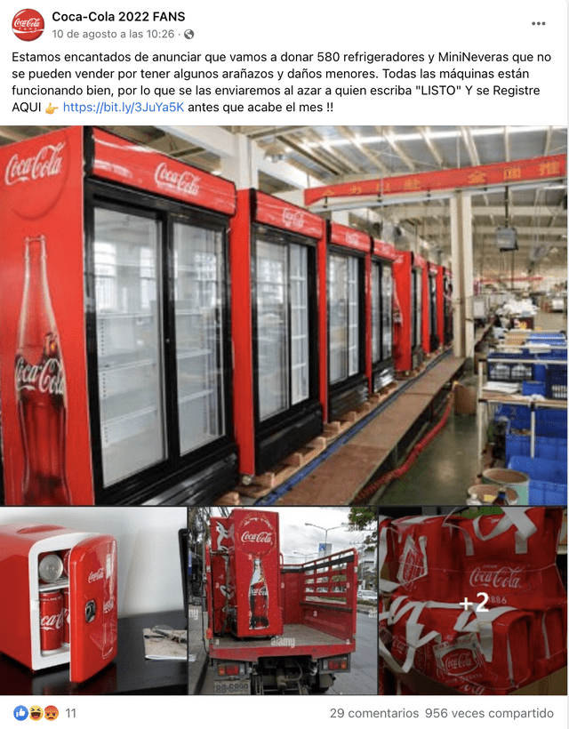 Publicación falsa que toma el nombre de la empresa Coca-Cola. Foto: captura de Facebook