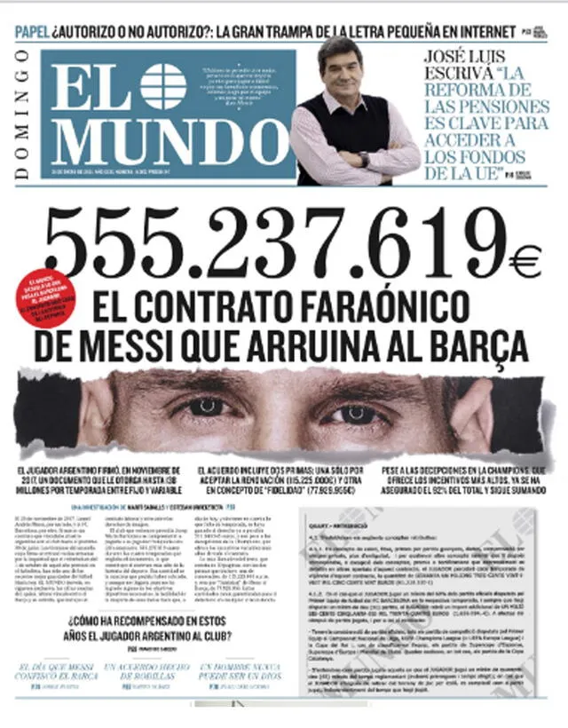 Publicación de El Mundo sobre el contrato entre Messi y Barcelona. Foto: El Mundo