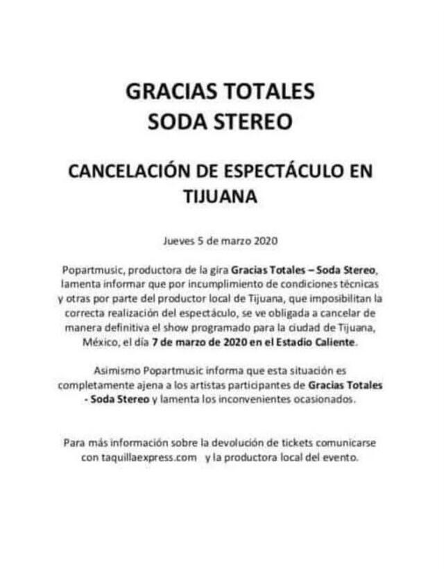 Comunicado que confirma la cancelación del show "Gracias Totales: Soda Stereo" en Tijuana, México.