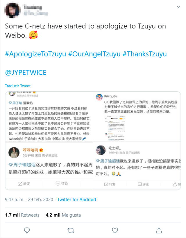 Usuarios en Weibo pidieron disculpas por juzgar apresuradamente a Tzuyu de TWICE.