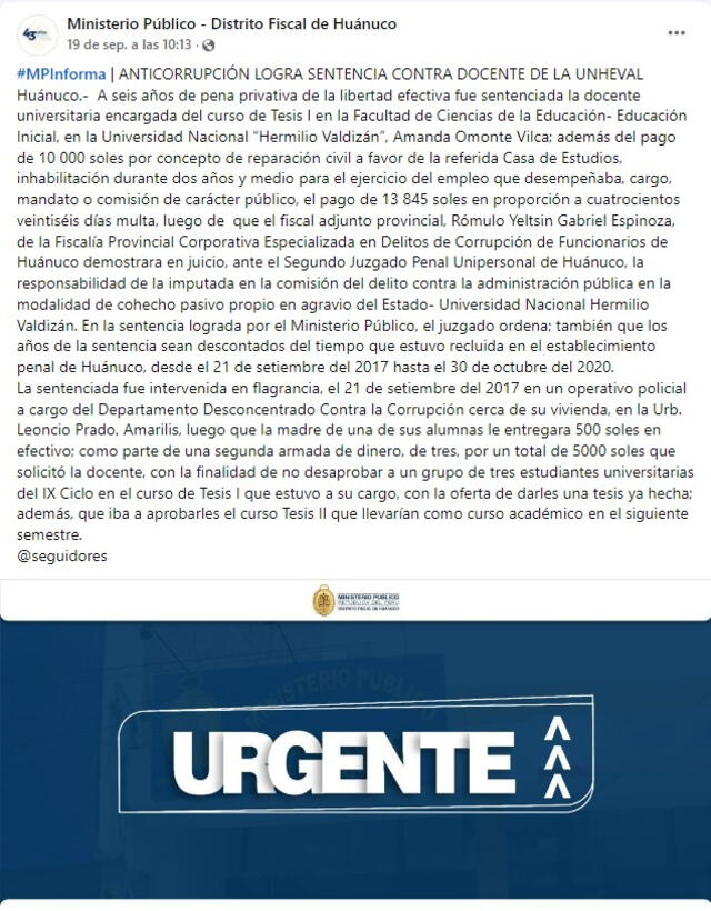 Juzgado de Huánuco informa sentencia contra docente de la UNHEVAL. Foto: Ministerio Público   