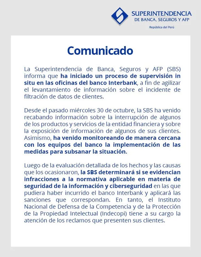 Comunicado de la SBS ante situación del banco Interbank.    