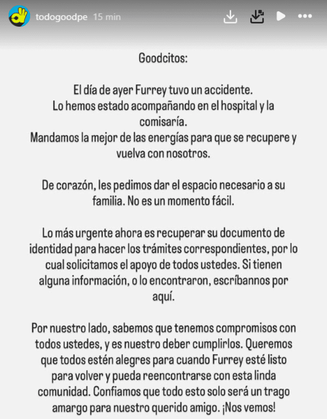 Todo Good publicó comunicado sobre la situación delicada de Furrey. Foto: Todo Good/ Instagram Todo Good publicó comunicado sobre la situación delicada de Furrey. Foto: Todo Good/ Instagram