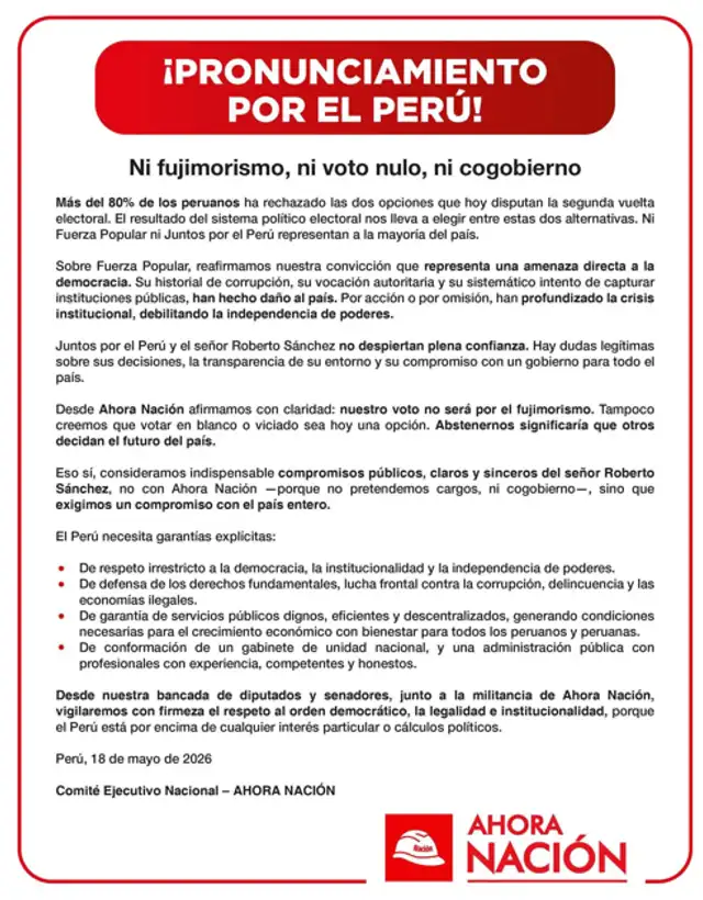 Pronunciamiento de Ahora Nación a favor de Juntos por el Perú.