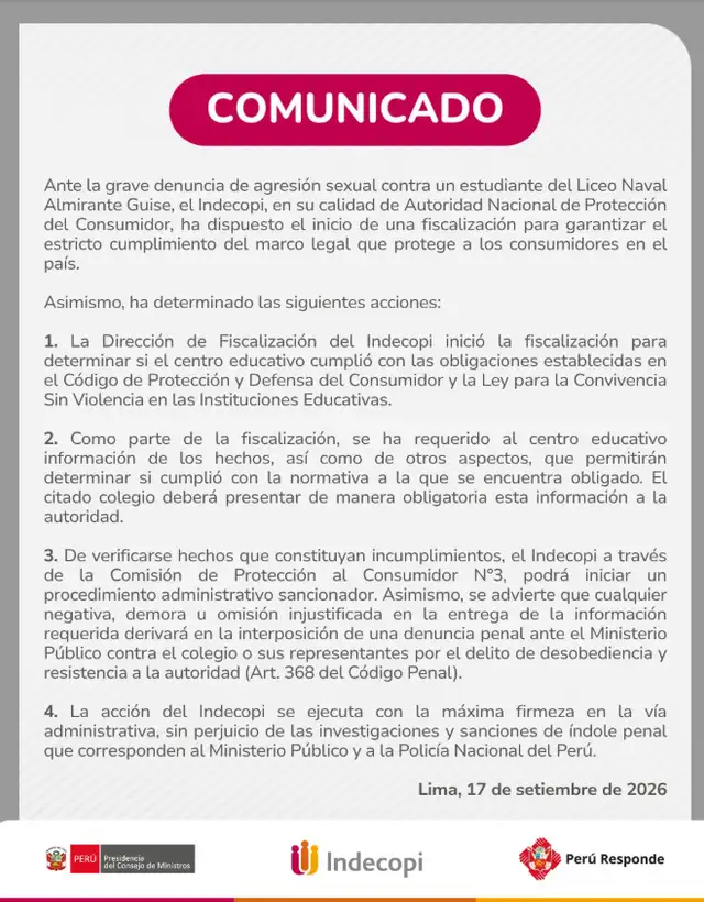 Comunicado de Indecopi sobre caso de agresión sexual contra estudiante del colegio Liceo Naval, en San Borja. Comunicado de Indecopi sobre caso de agresión sexual contra estudiante del colegio Liceo Naval, en San Borja.
