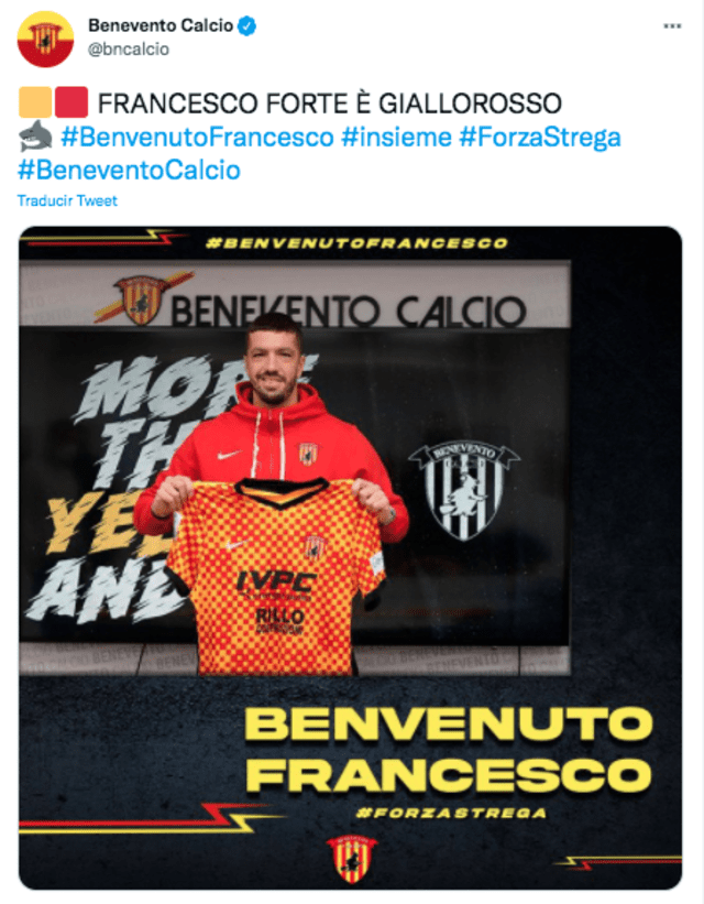 Benevento anunció la incorporación de un delantero de 28 años. Foto: captura Twitter Benevento
