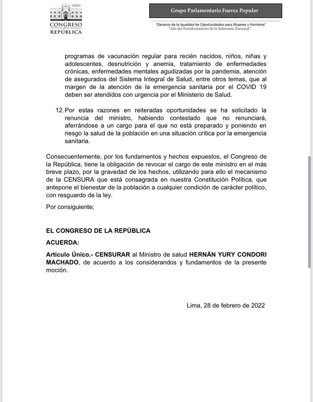 Moción de censura contra Hernán Condori. Foto: documento