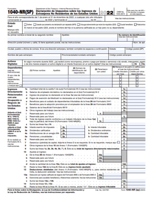  El formulario que obligatoriamente deben llenar los extranjeros no residentes en Estados Unidos. Foto: captura formulario 1040-NR    