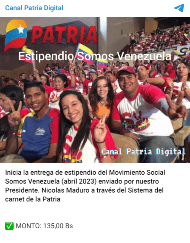 Desde el 18 de abril se entrega el estipendio mensual del Movimiento Somos Venezuela. Foto: Telegram/Canal Patria Digital   