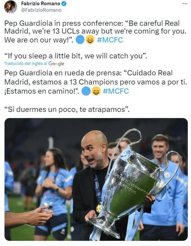  Pep Guardiola tuvo un divertido comentario tras ganar la Champions. Foto: Twitter.   