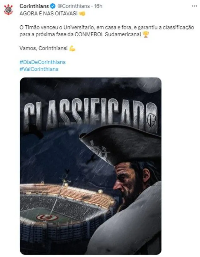 Publicación de Corinthians sobre la victoria ante Universitario. <strong>Foto: Twitter</strong>   